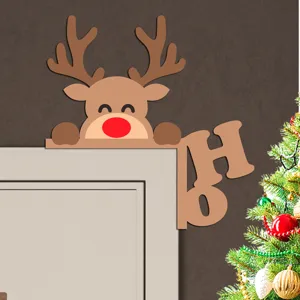 Christmas wooden reindeer corner decoration, festive door frame accent for holiday party.
