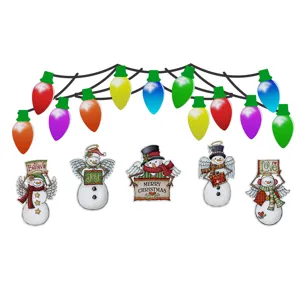Christmas magnetic garage door stickers set, festive snowman and colorful lights fridge magnets.