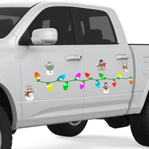 Christmas magnetic car stickers set, festive snowman and colorful light bulb decor for vehicles.