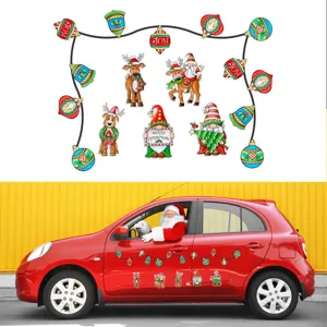 Christmas magnetic car stickers detail showing festive gnomes and reindeer ornaments scene.