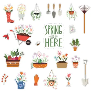 Frühling garten cartoon aufkleber detail mit blumentöpfen und niedlichen geräten.