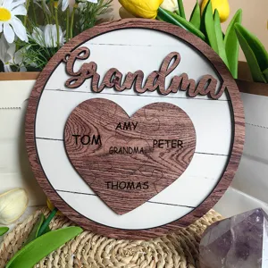 Wooden Mother's Day table sign, heart puzzle photo frame decor, rustic gift for grandma