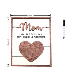 Mother's Day wooden plaque table sign with heart puzzle and marker for home decor gift.