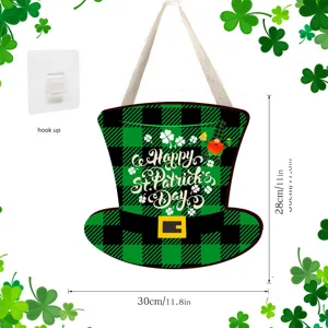 Pancarte suspendue en bois de la Saint-Patrick, déco de porte chapeau haut de forme et trèfle.