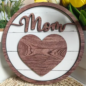 Wooden Mom heart puzzle table sign detail view, perfect Mother's Day gift home decor.