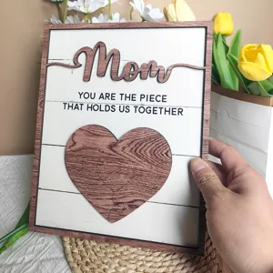 Wooden Mother's Day gift plaque detail shot, heart puzzle decor, desktop ornament display