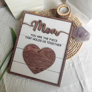 Wooden Mother's Day plaque table decor gift with heartfelt message and heart puzzle design.