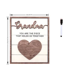 Wooden grandma plaque detail view with heart puzzle design and marker for Mother's Day gift.