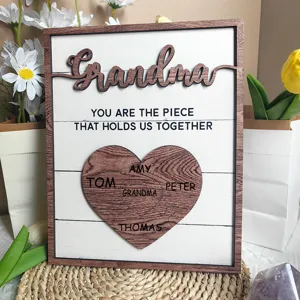 Custom wooden Mother's Day plaque with family heart puzzle, warm gift for grandma.