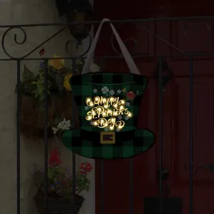 Plaque suspendue en bois LED Saint-Patrick, décoration chapeau à carreaux vert fête.