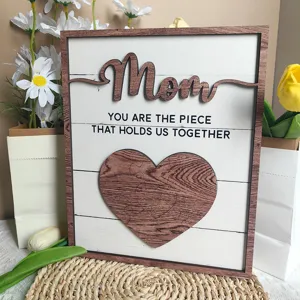 Wooden Mother's Day tabletop plaque decor with heart puzzle design and warm family quote.