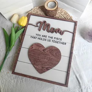 Wooden Mother's Day plaque with heart puzzle detail, perfect tabletop decor and sweet gift.