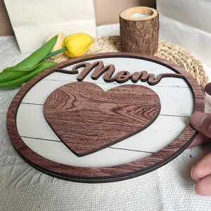 Wooden Mother's Day table decoration plaque with heart puzzle and Mom text design for home.