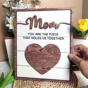 Wooden Mother's Day puzzle plaque with Mom text and heart design, ideal home tabletop decor.