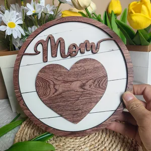 Wooden Mom plaque heart puzzle tabletop ornament for Mother's Day gift decoration details.