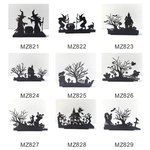 Halloween wooden LED desktop ornament hollow carved black silhouettes festival decor party supply