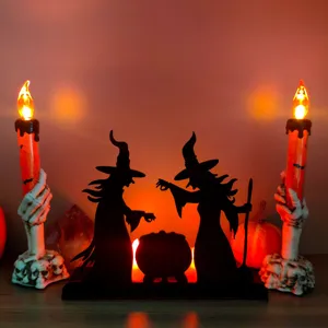Halloween wooden witch silhouette lighted tabletop ornament candlestick holiday decor details.