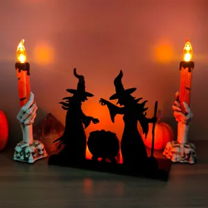 Halloween wooden LED lighted table centerpiece witch silhouette candle holder decoration