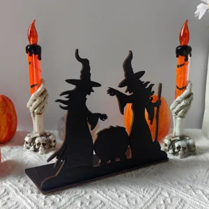 Halloween wooden witch cauldron tabletop ornament spooky design party decor sign