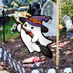 Halloween lindo fantasma de dibujos animados bruja escoba estaca de jardín para césped cementerio