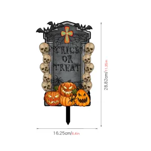 Detalle de estaca de jardín Halloween lápida con dimensiones, calavera y calabaza de deco.