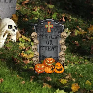 Letrero de jardín de Halloween lápida con calaveras y calabazas para decoración de césped.