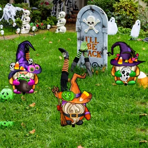 Juego de estacas de jardín de Halloween con gnomos de brujas y lápida para decoración exterior.