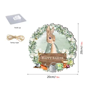 Ostern Holztuerschild mit suessem Hasen Kranz und Gartengerhaengen Dekoration 20cm.
