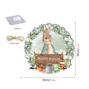Osterholz hängendes Schild Detail, Peter Hase Kranz Illustration mit Haken und Hanfseil.
