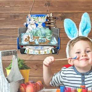 Oster Deko Holzschild hängend mit blauem LKW Osterhase Motiv für Haustür Party Deko