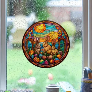 Easter rabbit stained glass window sticker, waterproof static cling PVC decal for home glass decor.