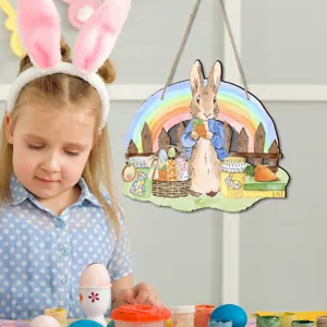 Osterholz Deko Hängeschild mit niedlichem Hasen Motiv für festliche Wanddekoration.