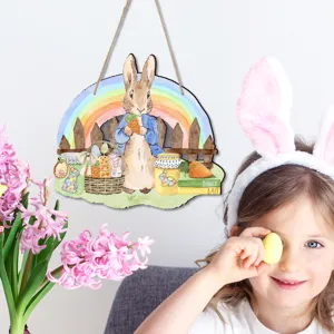 Osterhänger Holzschild mit niedlichem Hasen und Regenbogen, perfekt für die Frühlingsdeko.