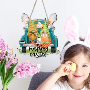 Osterholz Hängeschild mit süßen Zwergen und Hasen-Lastwagen Motiv für Frühlings-Feiertagsdekor.