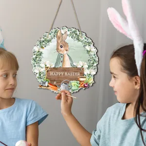 Osterholz hängendes Schild mit süßem Hasen-Kranz Design für Frühlings-Wohnkultur.