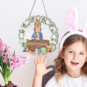Ostern Holzhängeschild mit süßem Hasen, perfekte Frühlingsdeko für Wand und Tür.