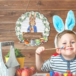 Oster-Holzhängeschild mit süßem Kaninchen, ideal für festliche Dekoration zu Hause.