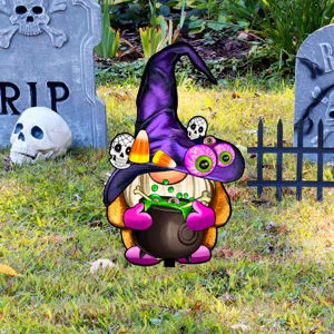 Estaca de jardin gnomo halloween detalle, letrero de cesped de bruja espeluznante fiesta.