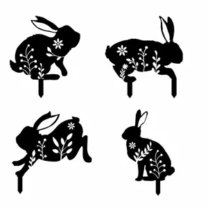 Tableau des tailles détaillé montrant quatre piquets de jardin lapin en acrylique noir avec dimensions.