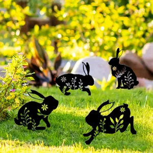 Piquet de jardin lapin de Pâques détails de décoration extérieure, silhouette en acrylique noir.