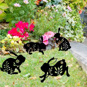 Ensemble de piques de jardin lapin de Pâques, silhouette acrylique noire déco extérieure.