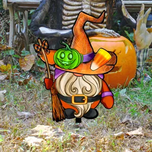 Estaca de jardín de gnomo de bruja de Halloween, decoración de patio, césped otoñal.