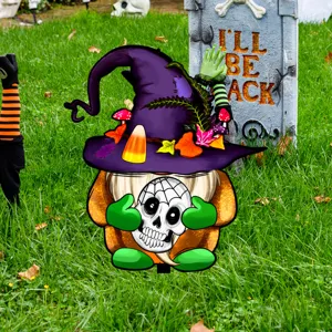 Cartel de Jardín de Gnomo Bruja de Halloween Decoración de Césped con Calavera y Tumba