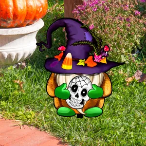 Estaca de jardin Halloween gnomo de bruja con calavera decoracion cesped exterior