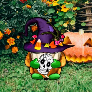 Letrero de jardin de Halloween gnoo con calabaza bruja calavera decoracion de exterior