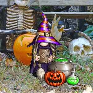 Estaca de jardín de bruja de Halloween con calabaza y caldero para decoración espeluznante