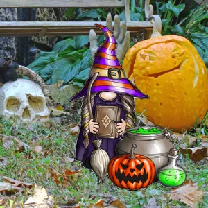 Estaca de jardín de bruja gnomo de Halloween con escoba y calabaza para fiesta al aire libre.