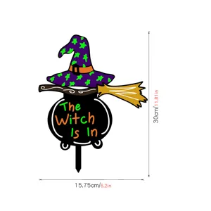 Estaca de jardín de caldero de bruja de Halloween con sombrero y escoba, decoración de césped.