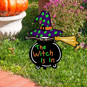Estaca de jardin caldero de bruja de Halloween con escoba y sombrero para exterior