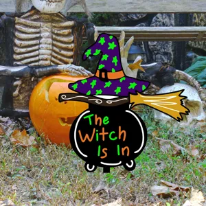 Estaca de jardín caldero de bruja Halloween detalle, perfecta para decoración exterior.